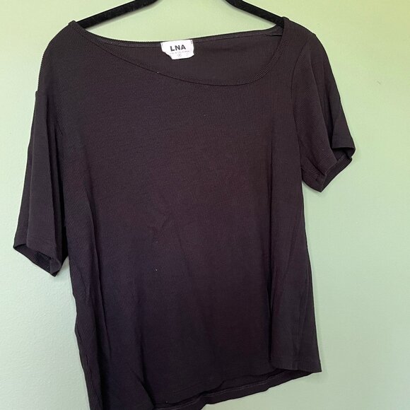 Revolve LNA Asymmetrical Neck Rayon Ribbed Rio Tee Shirt Size Medium M - Picture 5 of 8